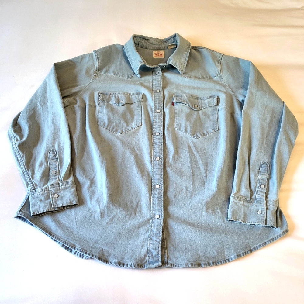 Levis Denim Western Pearl Snap Shirt Size 1X Light Wash Cowgirl Rodeo